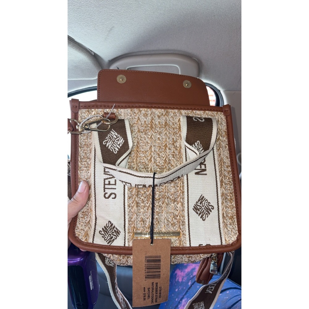 Steve Madden BWEBER-S Straw Satchel Natural‎ Cognac Logo Crossbody Bag DT518162